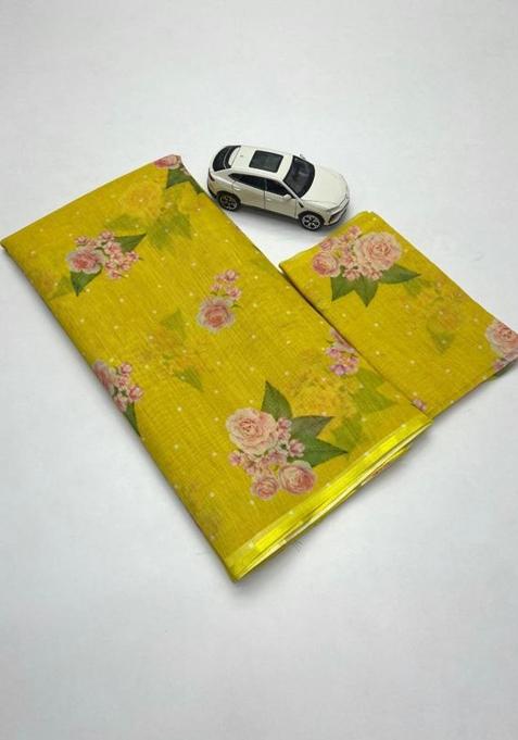 Yellow Printed Linen Saree Set