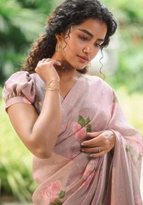Mauve Printed Linen Saree Set
