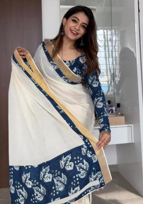 Blue Printed Linen Saree Set