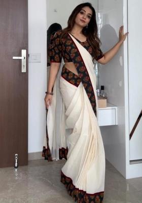 Red Printed Linen Saree Set