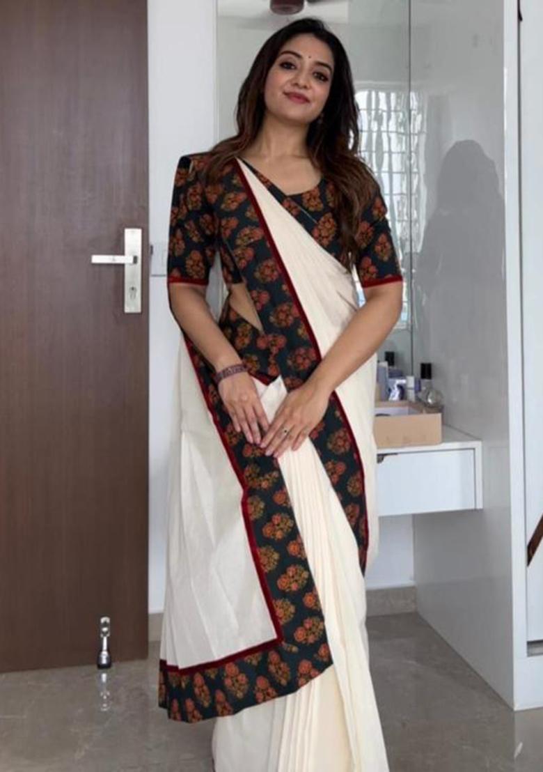 Red Printed Linen Saree Set