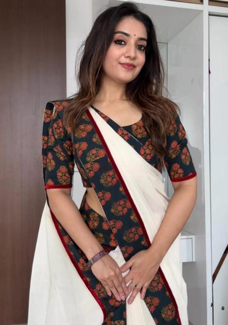 Red Printed Linen Saree Set