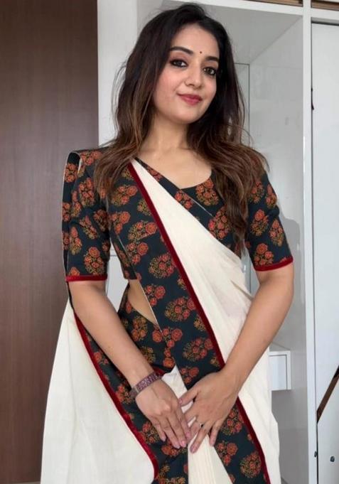 Red Printed Linen Saree Set