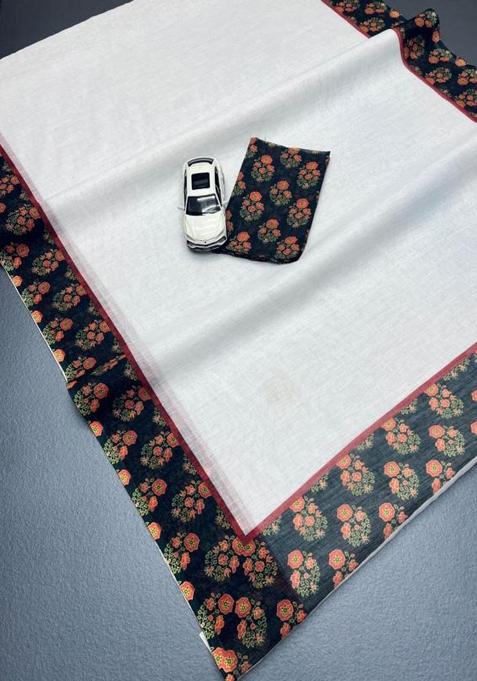 Red Printed Linen Saree Set