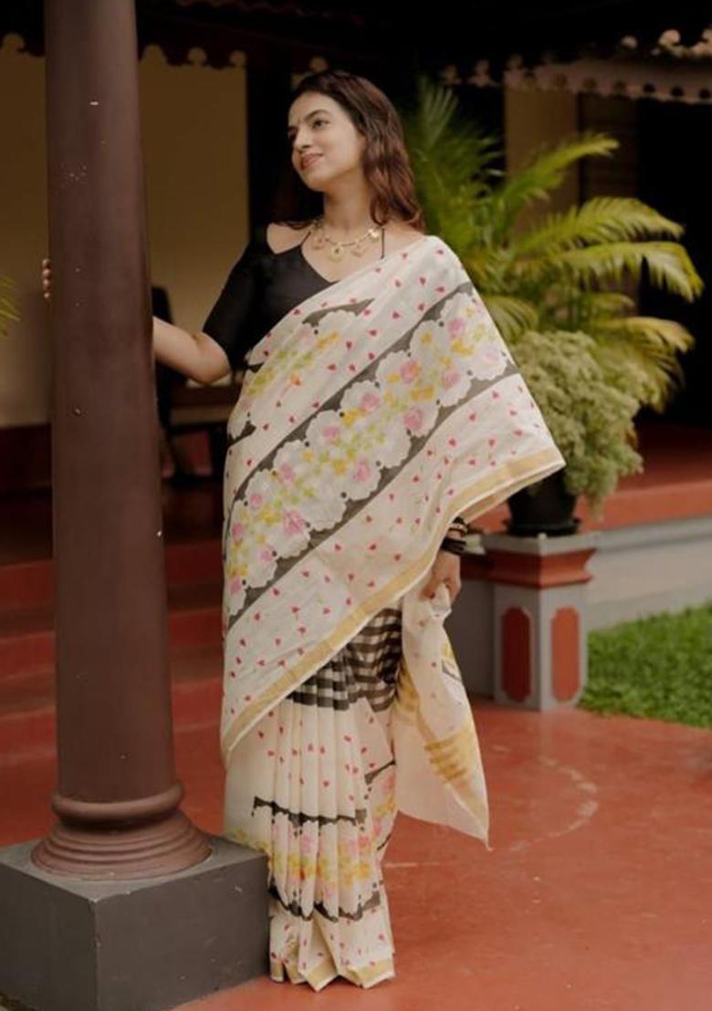 Cream Printed Linen Saree Set