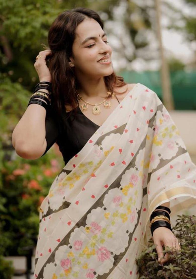 Cream Printed Linen Saree Set