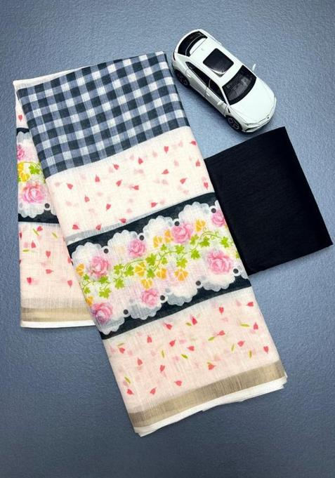 Cream Printed Linen Saree Set