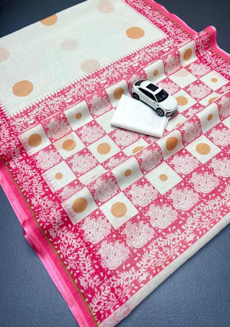 Pink Printed Linen Saree Set