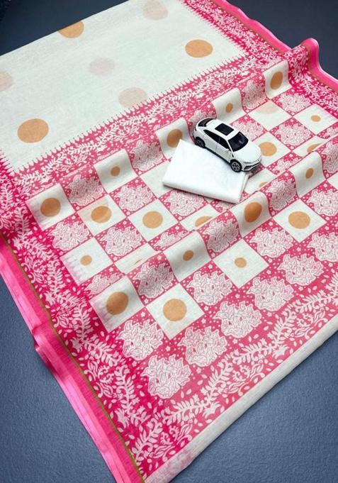 Pink Printed Linen Saree Set