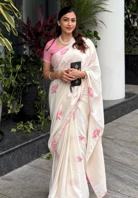 Pink Printed Linen Saree Set