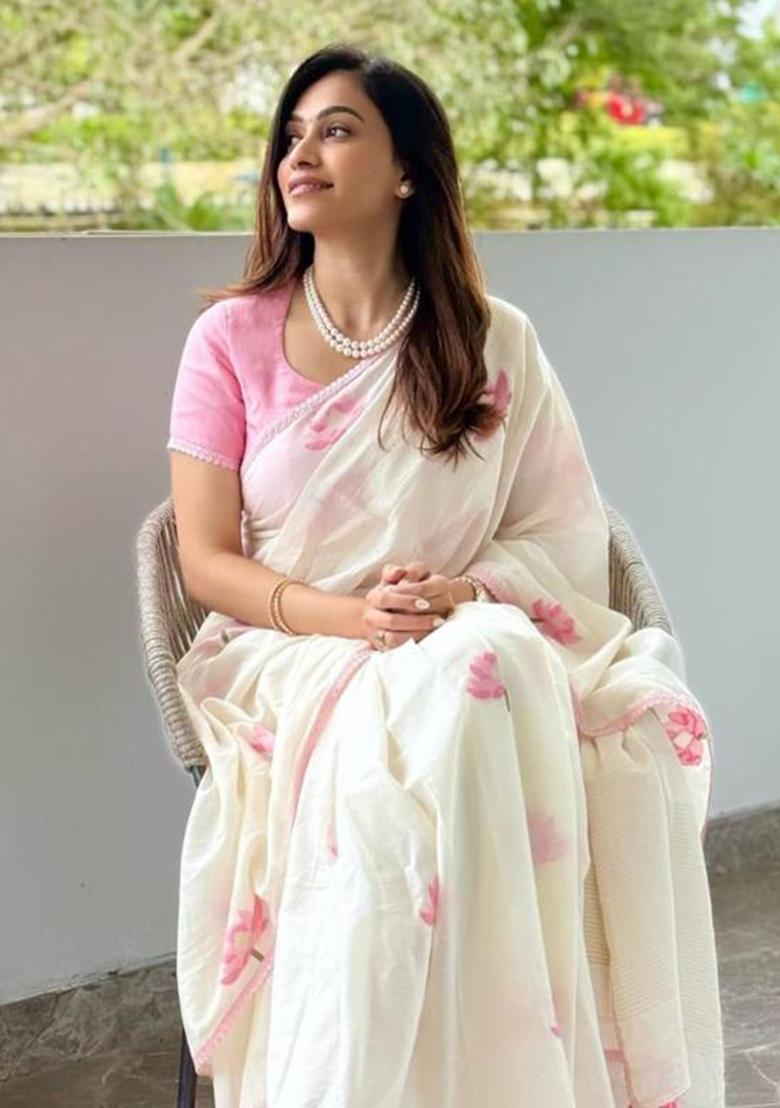 Pink Printed Linen Saree Set