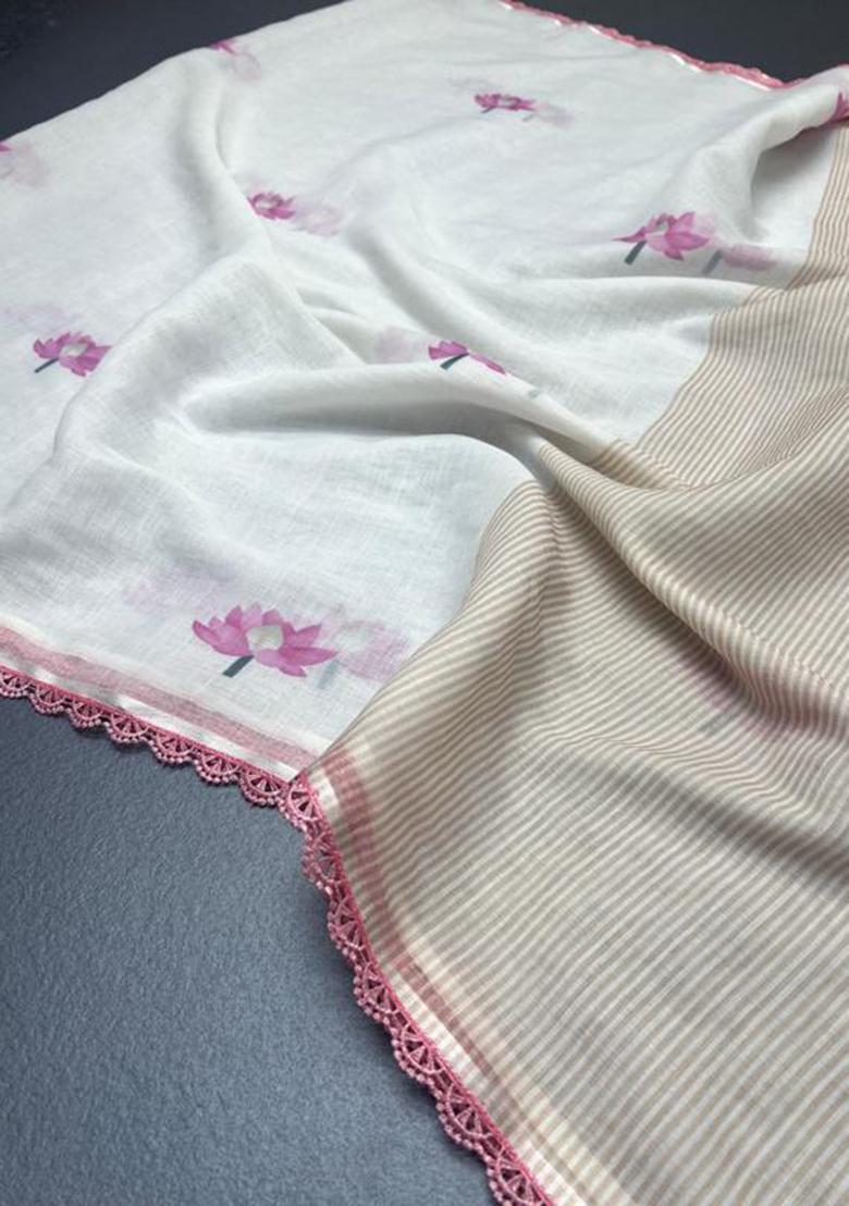 Pink Printed Linen Saree Set