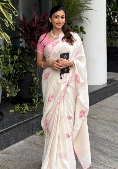 Pink Printed Linen Saree Set