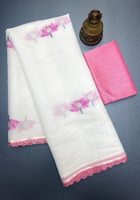 Pink Printed Linen Saree Set