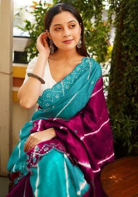 Blue Printed Linen Saree Set