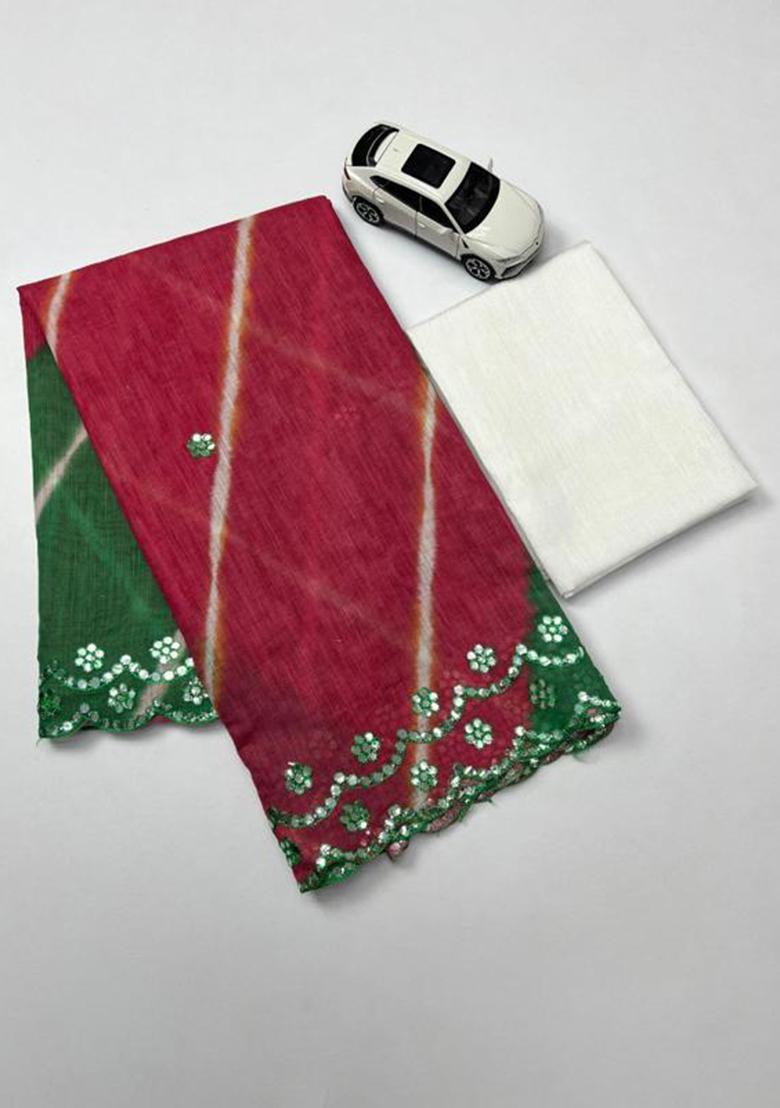 Green Printed Linen Saree Set