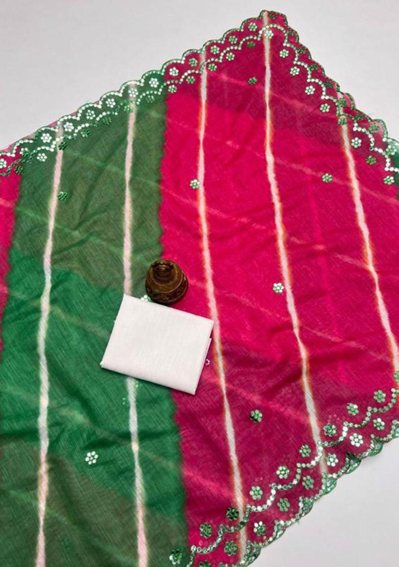 Green Printed Linen Saree Set