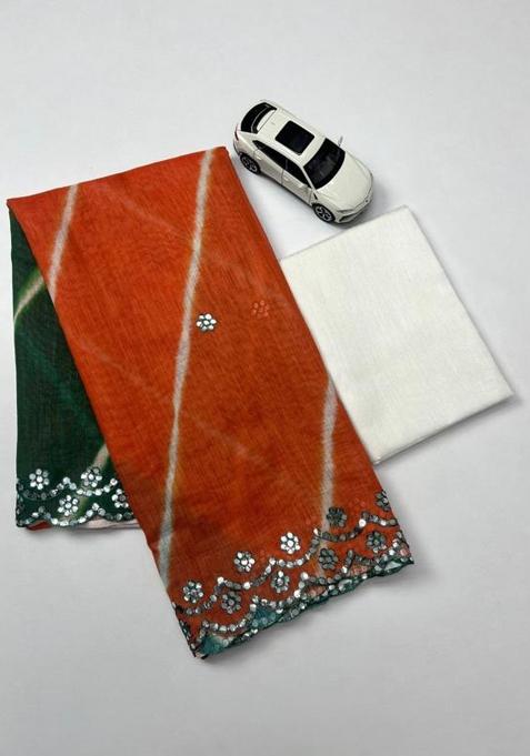 Green Printed Linen Saree Set