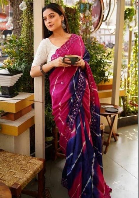 Blue Printed Linen Saree Set