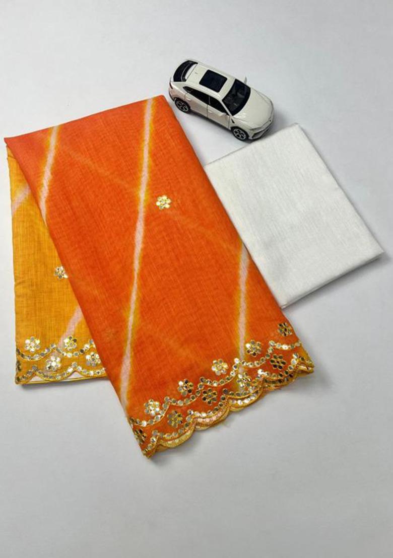 Orange Printed Linen Saree Set