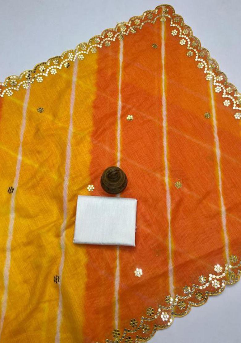 Orange Printed Linen Saree Set