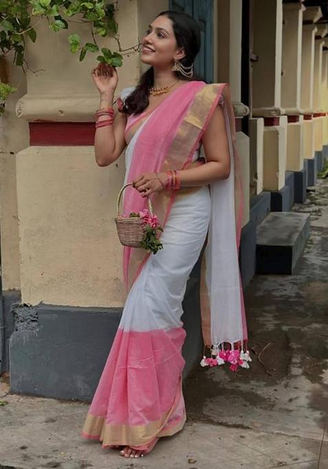 White Printed Linen Saree Set