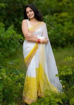 Yellow Printed Linen Saree Set