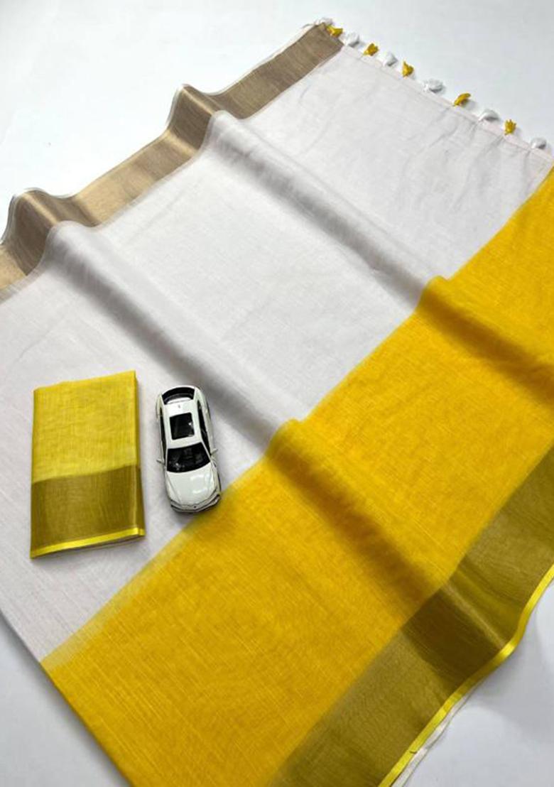 Yellow Printed Linen Saree Set
