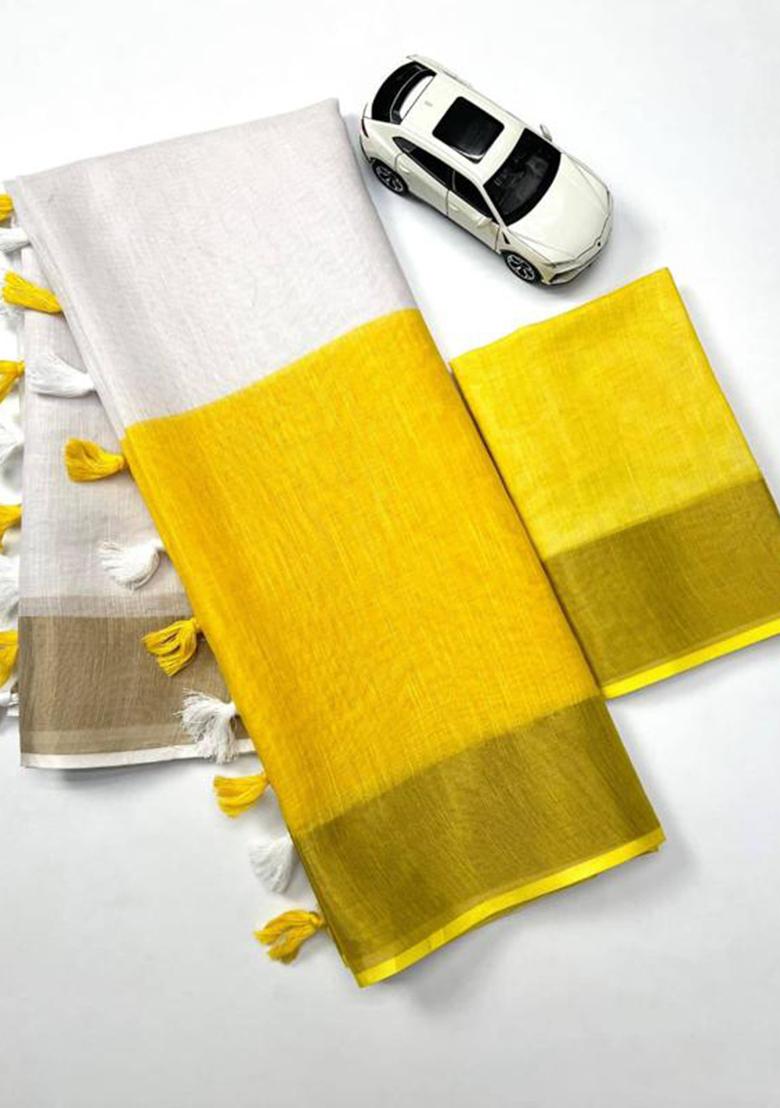 Yellow Printed Linen Saree Set