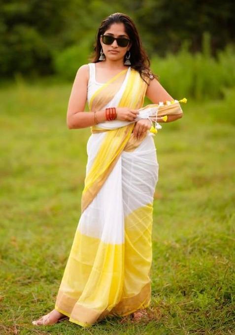 Yellow Printed Linen Saree Set