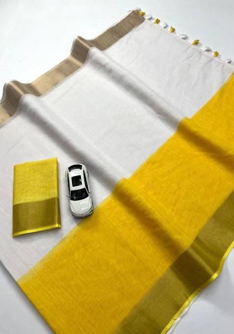 Yellow Printed Linen Saree Set