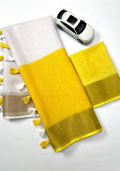 Yellow Printed Linen Saree Set