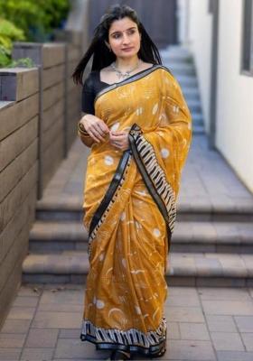 Mustard Printed Linen Saree Set