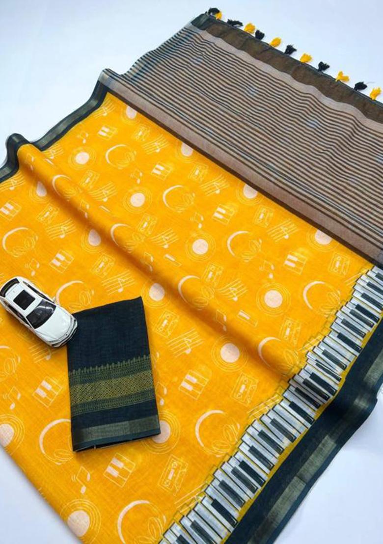 Mustard Printed Linen Saree Set - Indya