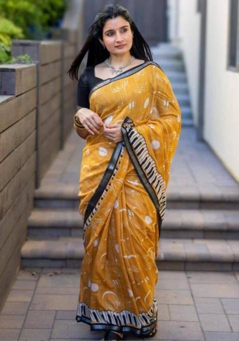 Mustard Printed Linen Saree Set