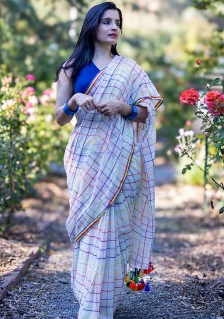 Blue Printed Linen Saree Set - Indya