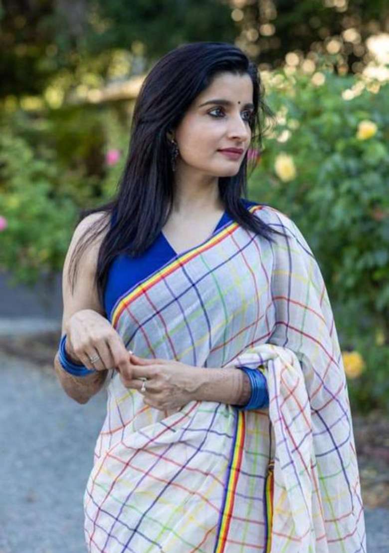 Blue Printed Linen Saree Set - Indya