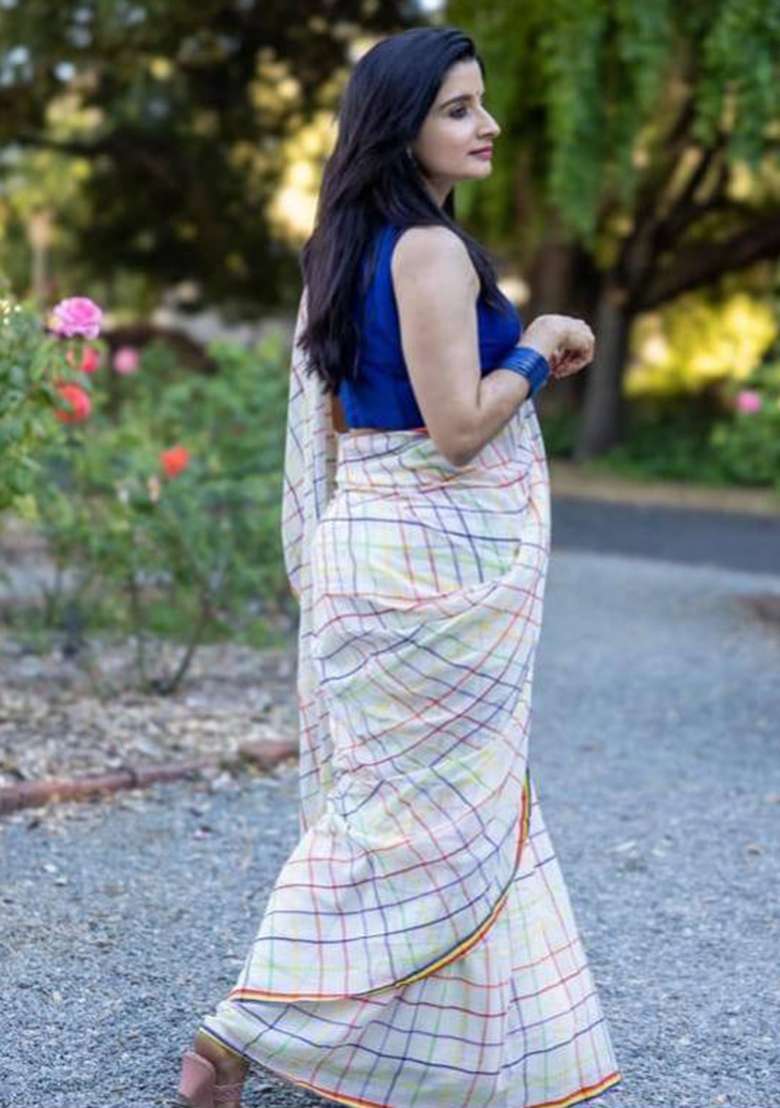 Blue Printed Linen Saree Set - Indya