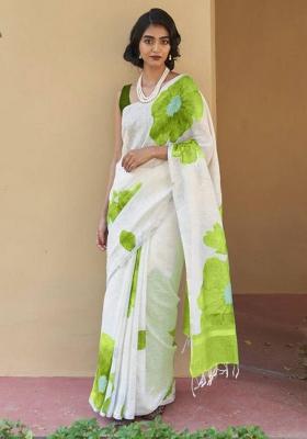 Parrot Printed Linen Saree Set