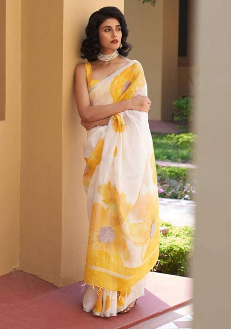 Yellow Printed Linen Saree Set - Indya