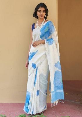 Black Printed Linen Saree Set