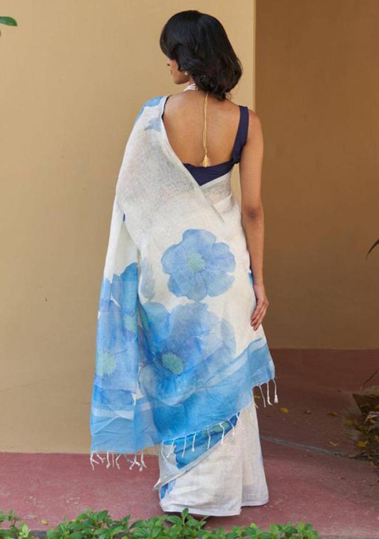 Black Printed Linen Saree Set - Indya