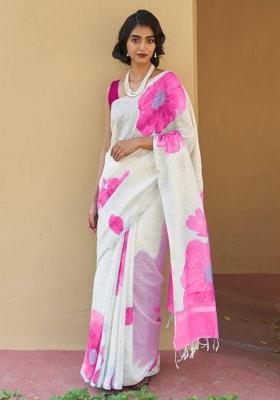 White Printed Linen Saree Set