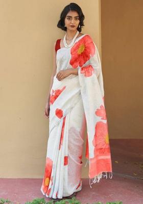White Printed Linen Saree Set