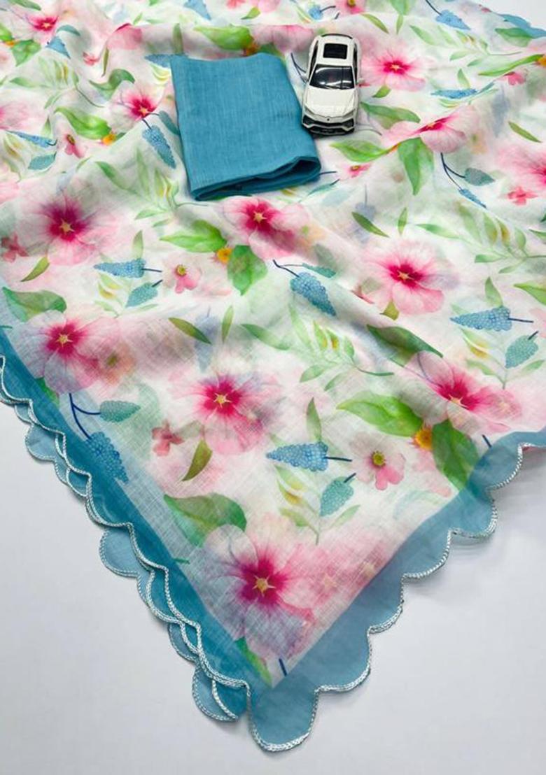 Blue Printed Linen Saree Set - Indya