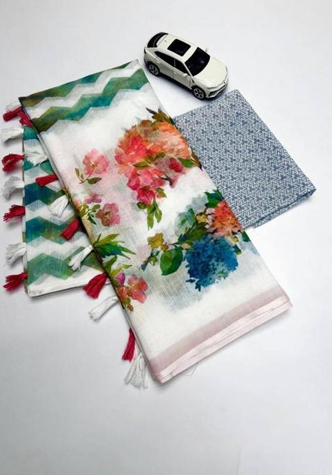 White Printed Linen Saree Set
