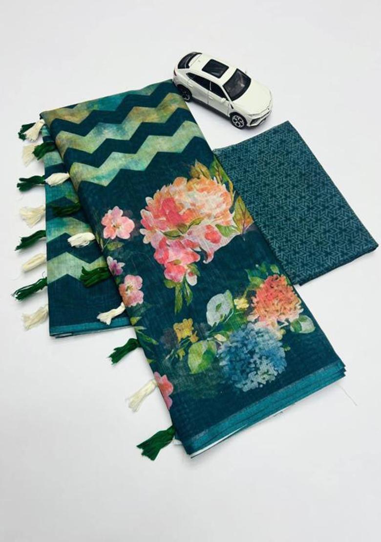 Green Printed Linen Saree Set