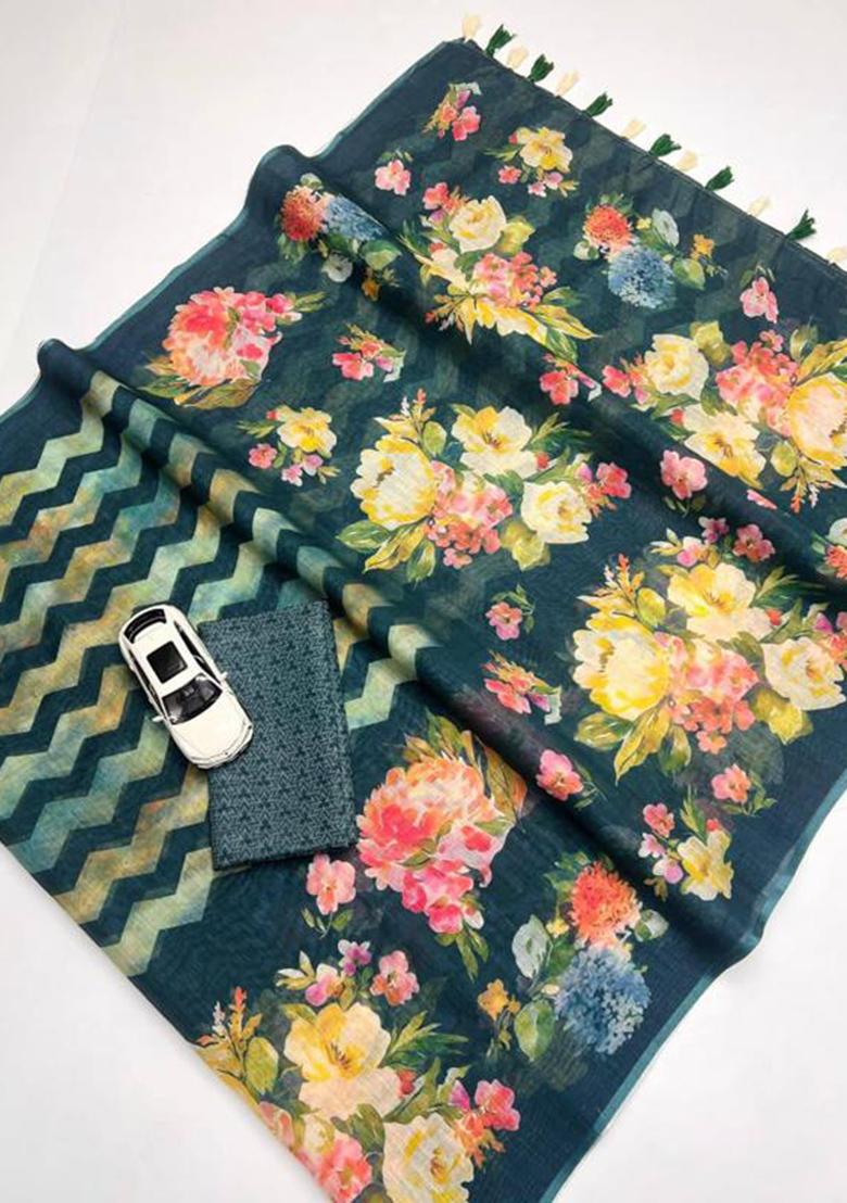 Green Printed Linen Saree Set