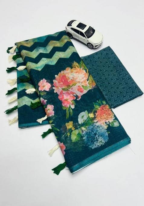 Green Printed Linen Saree Set