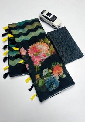 Black Printed Linen Saree Set